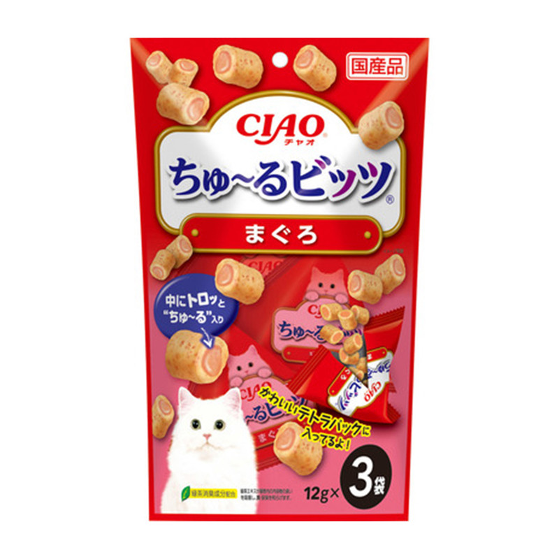 日本伊纳宝Ciao啾噜海鲜肉泥夹心流心粒猫零食猫咪饼干含绿茶消臭