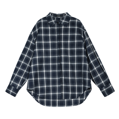 NEVA HU 复古格子长袖衬衫女设计感韩版宽松休闲bf衬衣外搭上衣