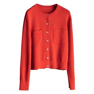 *禾匠心品质！德国扬子纱绵羊毛四平针双口袋红色圆领针织开衫