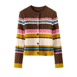 BANANA CICI2025年冬季新款复古羊毛混纺撞色条纹毛针织开衫外套