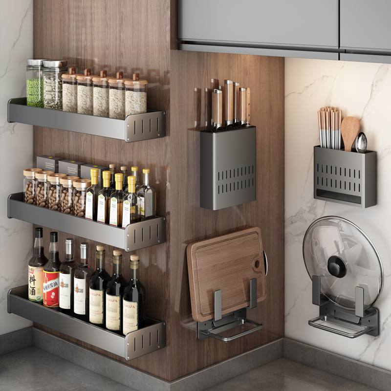 新品 厨房置物架壁挂式免打孔枪灰家用调味料刀架挂架多功能收纳