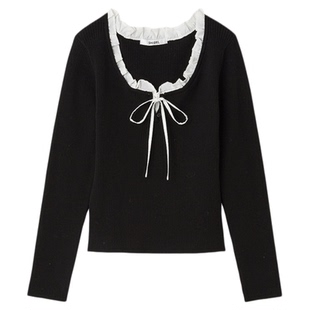 SNIDEL2025秋冬新品甜美荷叶领蝴蝶结系带长袖针织衫SWNT254219