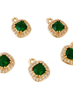 保色配件14K包金镶嵌锆石祖母绿方形吊坠手链项链手工DIY配饰挂件