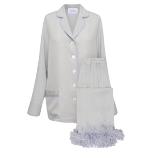 照照自制轻奢sleeper风经典质感烟雾灰鸵鸟羽毛睡衣女风时尚套装