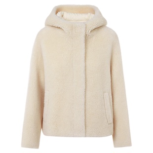 朗姿羊毛立领连帽轻盈仿皮草外套简约优雅通勤短款2025年冬季新款