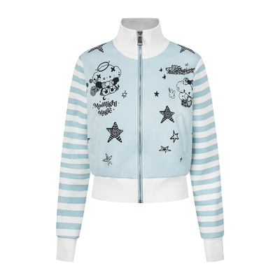 复古Y2K手绘卡通条纹立领开衫