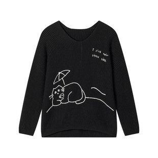 商场同款URLAZH有兰2025冬季新款U等等猫咪绣花V领羊毛套衫毛衣