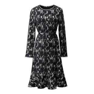 颜域印花蕾丝连衣裙女2025新款冬装显瘦长袖圆领中长款荷叶边裙子