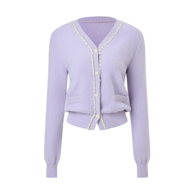 MAXRIENY甜美钉珠针织外套女25冬款修身显瘦v领收腰长袖上衣