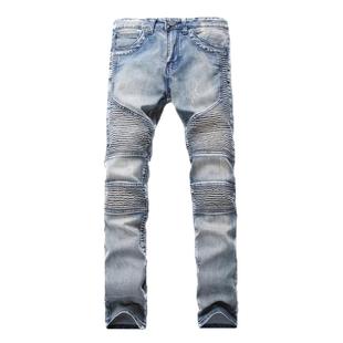 欧美BIKER JEANS侃爷裤怀旧机车皱褶牛仔裤复古弹力修身小脚裤潮