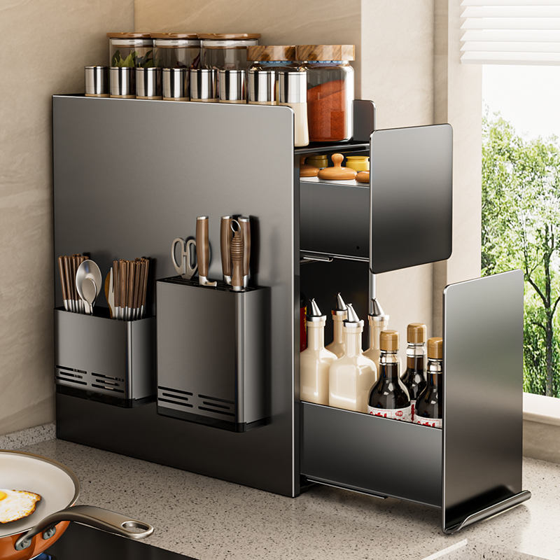厨房置物架多功能抽拉式极窄边调料品调味罐收纳台面转角调料架子