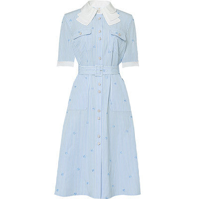 2026夏季新款气质百搭娃娃领系带A字撞色条纹绣花衬衣式连衣裙女