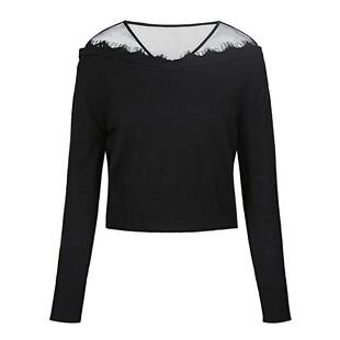 sdeer圣迪奥女装优雅V领蕾丝花边拼接黑色针织衫S22183514
