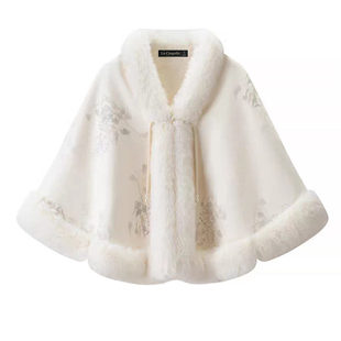 拉夏贝尔/La Chapelle新中式提花斗篷披肩女秋冬外搭旗袍毛领披风