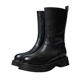 里外全头层牛皮中筒靴5cm厚底增高男靴2025冬季加绒复古长筒靴子