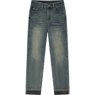 爱居兔设计感烟管裤女冬季新款脚口翻边加绒牛仔裤