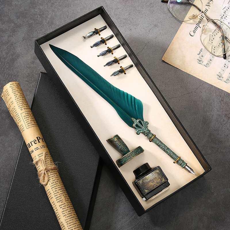 新款创意蘸水羽毛笔金属签字笔钢笔套装教师节七夕礼品笔厂家批发