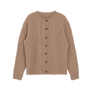 浅秋女装秋冬新品美丽诺羊毛复古绞花圆领针织开衫上衣12T30301