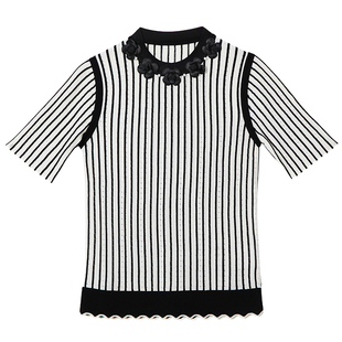 RSG郭培成衣品牌2023夏季新款装饰条纹小香风针织圆领T恤上衣