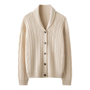 2025秋冬新款100%纯山羊绒女小翻领绞花加厚百搭宽松开衫针织毛衣