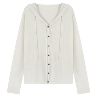 百家好白色连帽针织开衫女春季新款外套绵羊毛高级感气质显瘦上衣