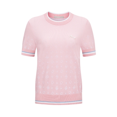 RARE威雅女装 春夏新款毛衣logo烫钻女士粉色圆领短袖毛衫