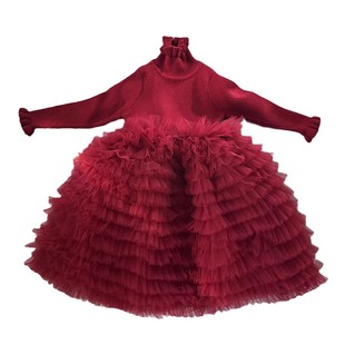 女童毛衣裙秋冬2025新款洋气小女孩高级感红色裙子儿童生日蛋糕裙