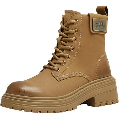 天美意复古英伦加绒马丁靴工装靴女鞋子大黄靴厚底短靴冬新款