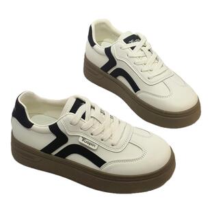 2026年春季皮面韩版厚底德训鞋女白色拼色休闲运动鞋增高小白鞋女