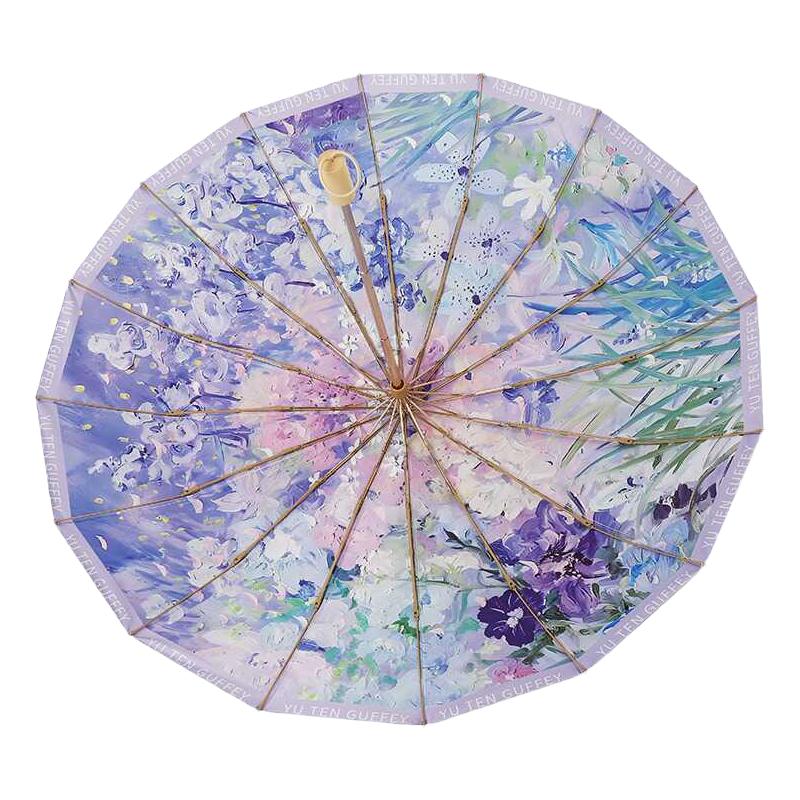 16骨三折彩胶涂层油画伞防晒防紫外线复古晴雨两用折叠伞女遮阳伞
