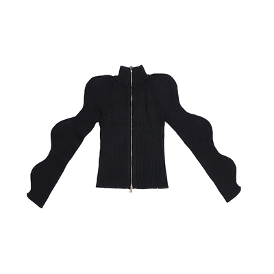 哟酷酷 秋冬小众设计感针织开衫上衣波浪边袖拉链曲珠毛衣外套女