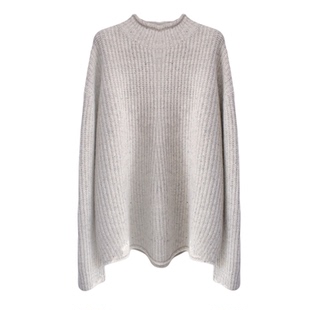 高级松驰羊毛衫加厚中长款毛衣女冬灰色羊毛圆领针织衫上衣毛线衣