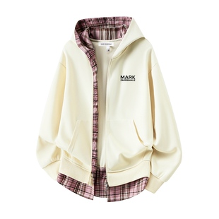 马克华菲连帽格子开衫卫衣男士加绒加厚假两件上衣男款美式外套