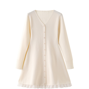 秋季连衣裙中长款内搭打底V领白色毛衣裙冬配大衣修身显瘦a字裙子