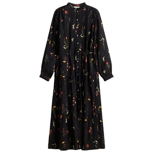 HM女装连衣裙春季花朵系带灯笼袖皱感A字植物印花长裙1219083