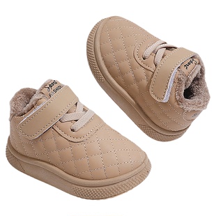 婧麒童鞋冬季加绒保暖雪地靴防水防滑加绒棉靴菱格纹魔术贴短靴子