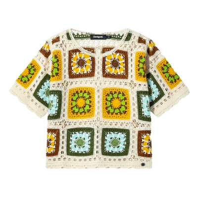 Desigual宽松彩色镂空波西米亚风圆领短款女士针织衫