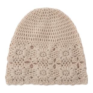 法式~100%纯山羊绒帽子女士手工编织钩花镂空百搭显脸小包头帽