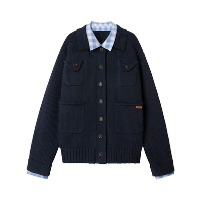 Uena藏青色假两件羊毛针织开衫