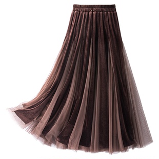 0536 11米大摆大a版金丝绒网纱半身裙秋冬女中长款裙子a字裙纱裙