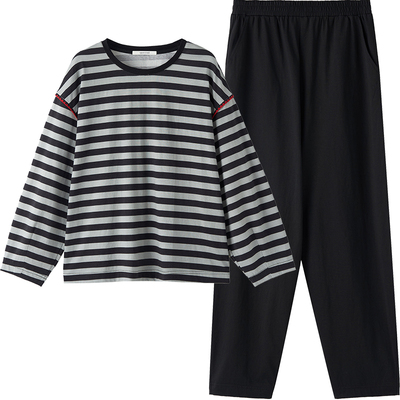 淳度情侣睡衣女款春款新款纯棉长袖条纹可外穿男士家居服套装