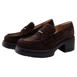 [伯爵乐福]莎莎苏2025秋冬新款粗跟增高休闲一脚蹬复古绒面乐福鞋