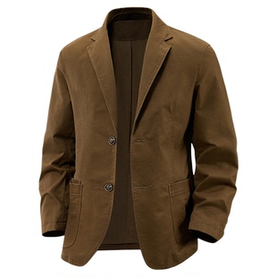 纯棉西服外套男士休闲宽松大码正肩中老年爸爸装美式商务西装单西