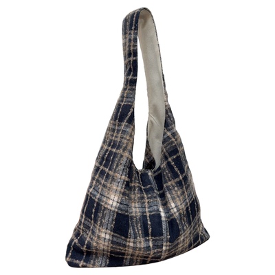 秋冬毛呢格子托特包复古文艺单肩斜挎包大容量帆布包简约百搭腋下