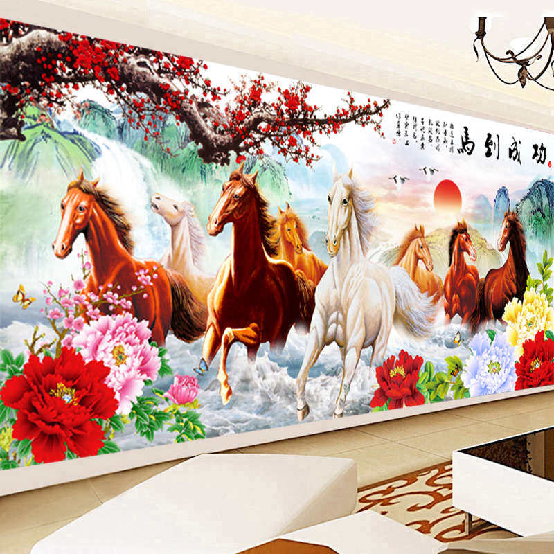5d钻石画满钻客厅马到成功贴砖石十字绣2025年新款花开富贵八骏图