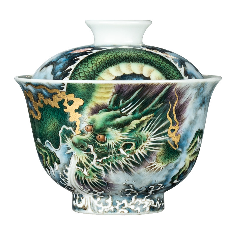 仿古龙腾四海青龙粉彩盖碗