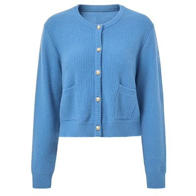 马天奴蓝色绵羊毛圆领针织开衫