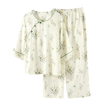 柔软竹棉双层纱睡衣女春夏秋套装