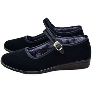 加绒保暖黑色超市工作装女棉鞋黑平绒老北京布鞋特大码42 43 44号