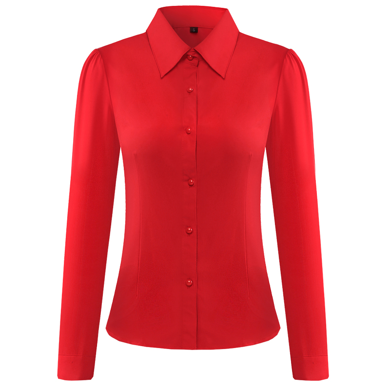 秋冬新款韩版职业加绒衬衫女长袖修身气质OL打底玫红色保暖衬衣厚